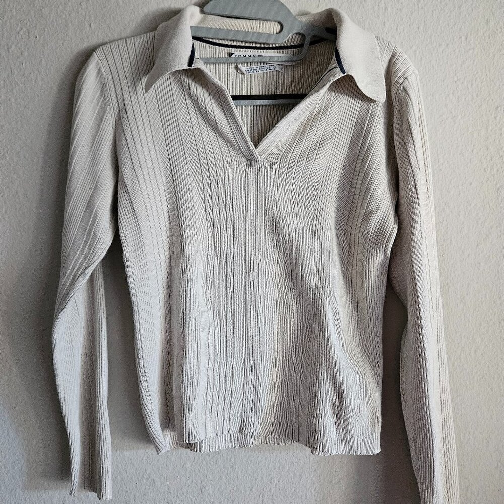 100% Cotton Tommy Hilfiger White Cream Rib Knit Polo Collared Sweater Women's S